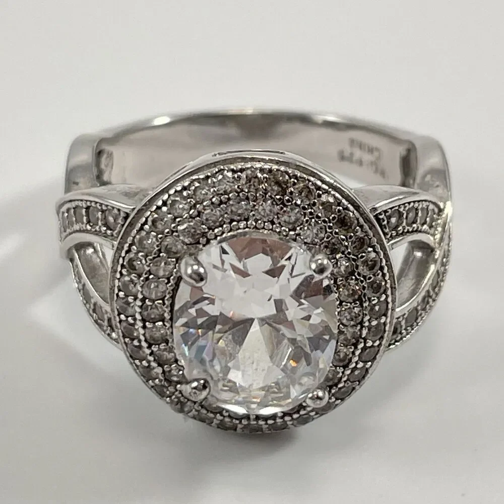 925 Sterling Silver White Cubic Zirconia Halo Oval Cut Statement Ring Sz 7